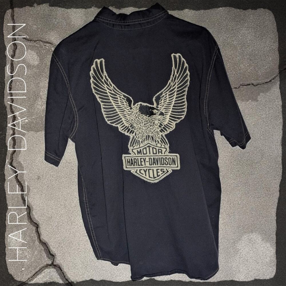Vintage HARLEY DAVIDSON Button Up Shirt Short Sleeve Black Eagle Logo Men's M